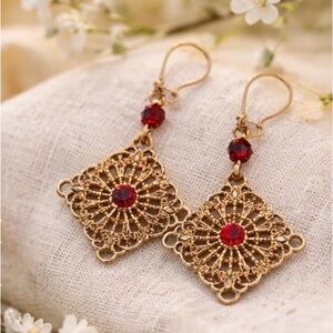 Elegant Golden and Red Filigree Earrings